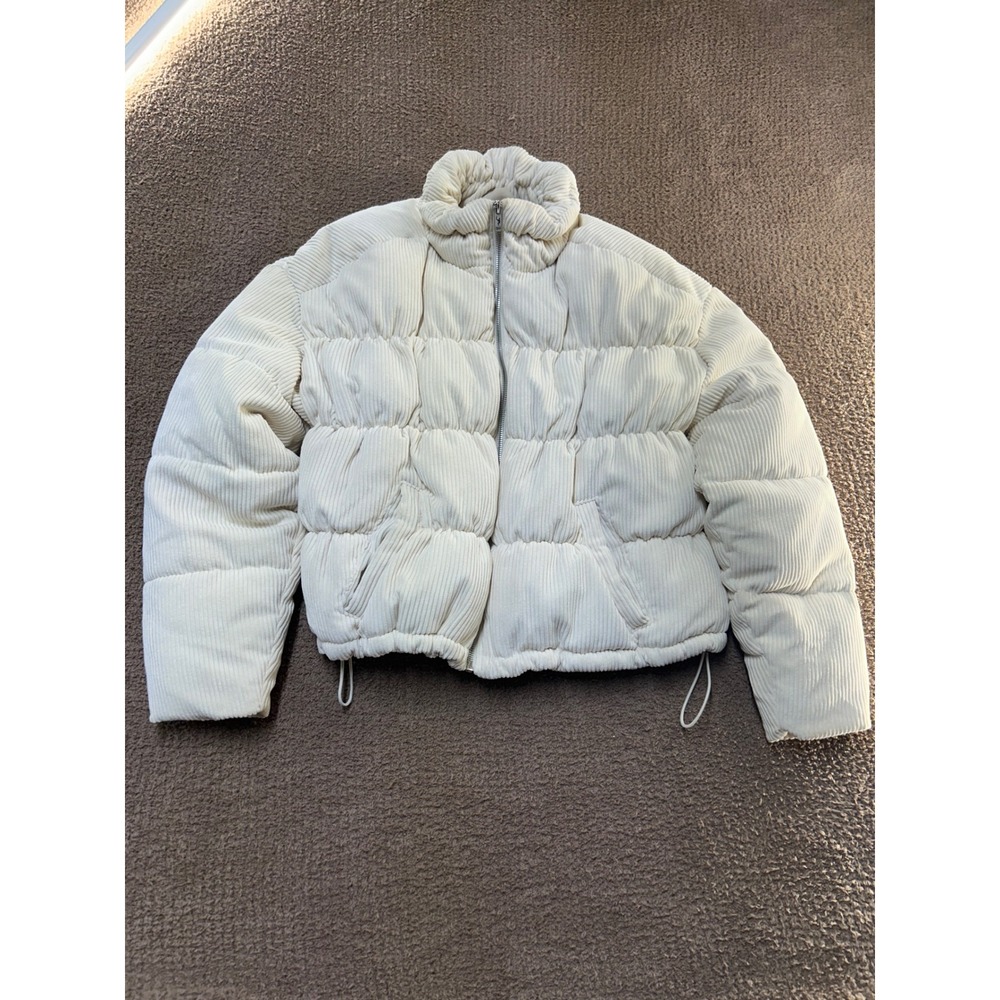 Hollister Cream Corduroy Puffer Jacket Womens Large Full Zip Quilted Coat
